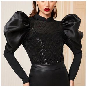 Black Dramatic Sequin Tulle Sleeve Top Small